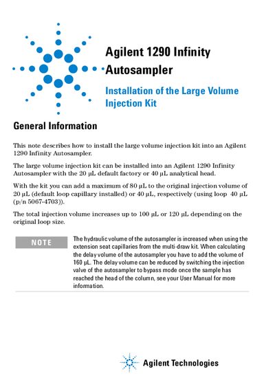 Agilent 1290 Infinity Autosampler Installation of the Large Volume Injection Kit guide - cover page
