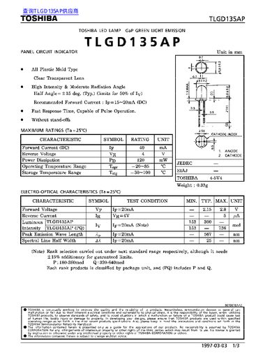 Toshiba TLGD135AP LED Lamp Datasheet - cover page