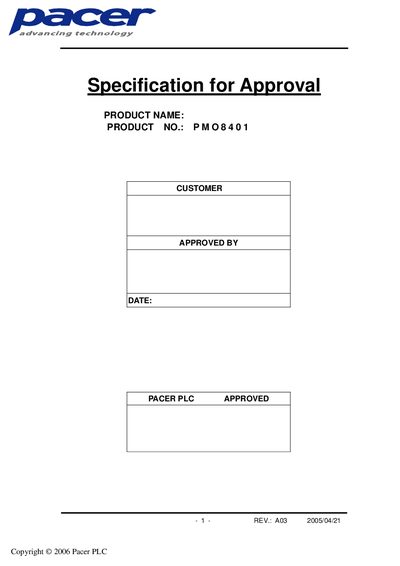Pacer PMO8401 OLED Module Specification - cover page
