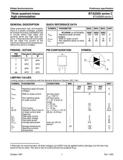 Philips Semiconductors BTA208S Series C Triac Datasheet - cover page