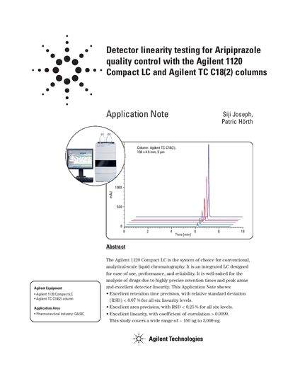 Agilent Detector linearity testing for Aripiprazole quality control with the Agilent 1120 Compact LC Agilent TC C18(2) columns Manual - cover page