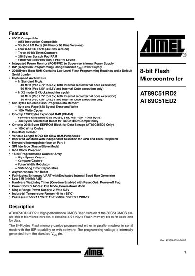 Atmel AT89C51RD2/AT89C51ED2 Datasheet - cover page