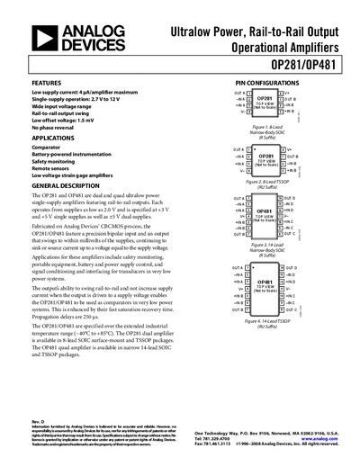 Analog Devices OP281/OP481 Datasheet Rev D - cover page