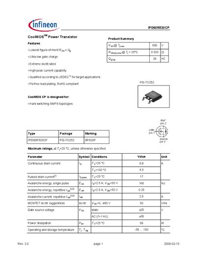 Infineon IPD60R520CP Datasheet - cover page