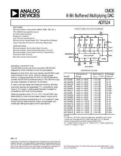 Analog Devices AD7524 8-Bit Buffered Multiplying DAC Datasheet - cover page