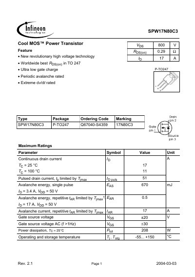 Infineon SPW17N80C3 Cool MOS Power Transistor Datasheet - cover page