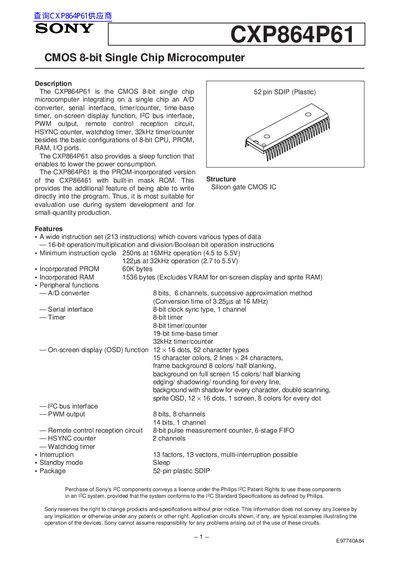 Sony CXP864P61 CMOS 8-bit Microcomputer Datasheet - cover page