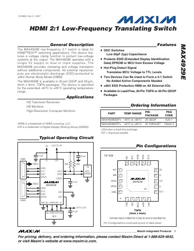 Maxim MAX4929E HDMI 2:1 Low-Frequency Translating Switch Datasheet