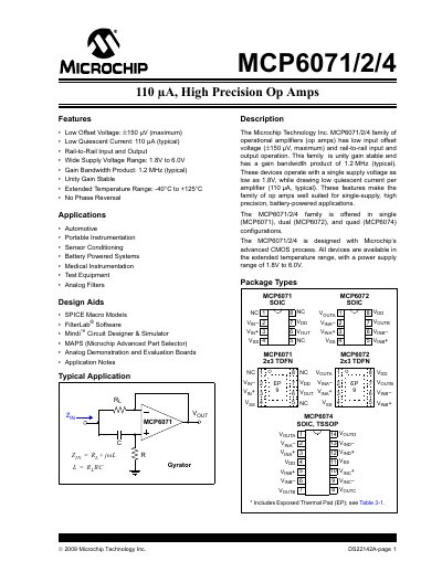 Microchip MCP6071/2/4 Operational Amplifier Datasheet - cover page