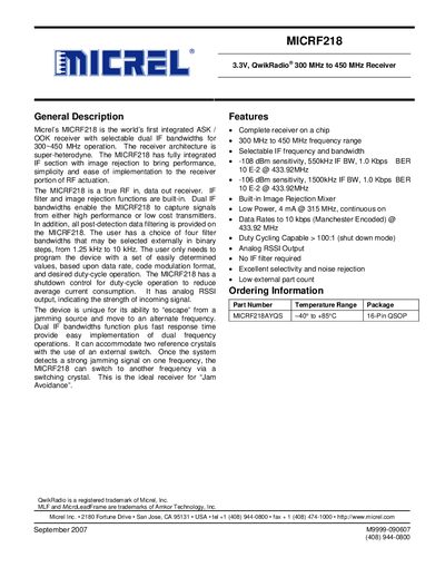 Micrel MICRF218 3.3V QwikRadio 300 MHz to 450 MHz Receiver Handbook - cover page
