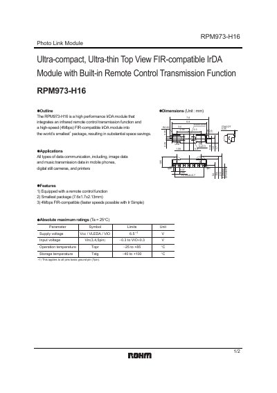 ROHM RPM973-H16 Photo Link Module Data Sheet - cover page