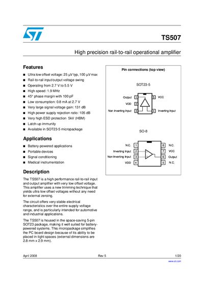 STMicroelectronics TS507 Operational Amplifier Datasheet - cover page