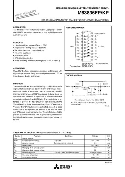 Mitsubishi M63836FP/KP Transistor Array Datasheet - cover page