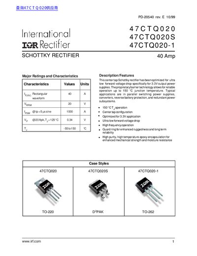 International IOR Rectifier 47CTQ020/47CTQ020S/47CTQ020-1 handbook - cover page