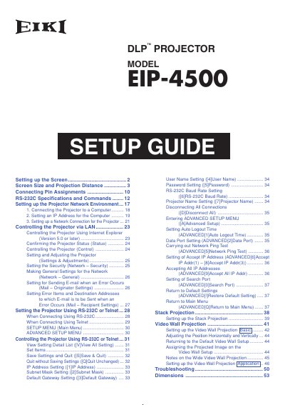 EIKI EIP-4500DLPTM Projector Setup Guide - cover page