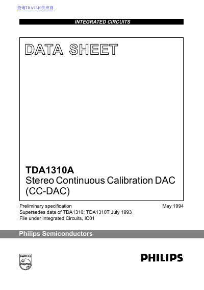 Philips TDA1310A Stereo Continuous Calibration DAC Datasheet - cover page