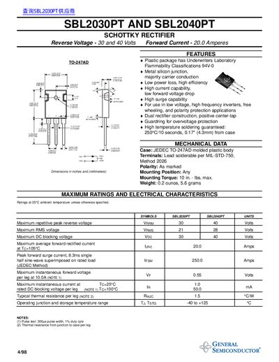General Semiconductor SBL2030PT/SBL2040PT Schottky Rectifier Datasheet - cover page