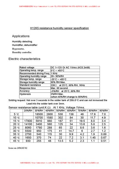 SUNSTAR H12K5 Resistance Humidity Sensor Specification - cover page