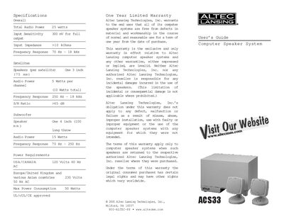 Altec Lansing ACS33 Computer Speaker System User’s Guide