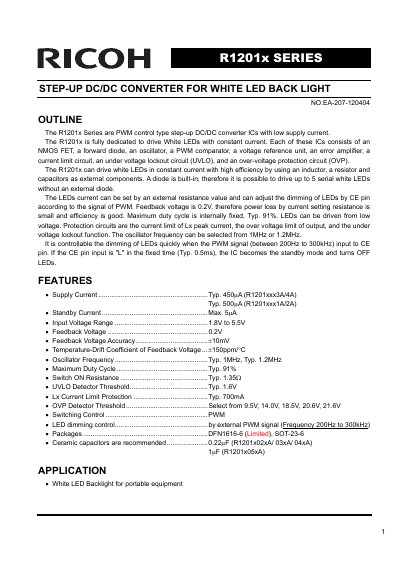 Ricoh R1201x Series Step-Up DC/DC Converter for White LED Backlight Datasheet - cover page