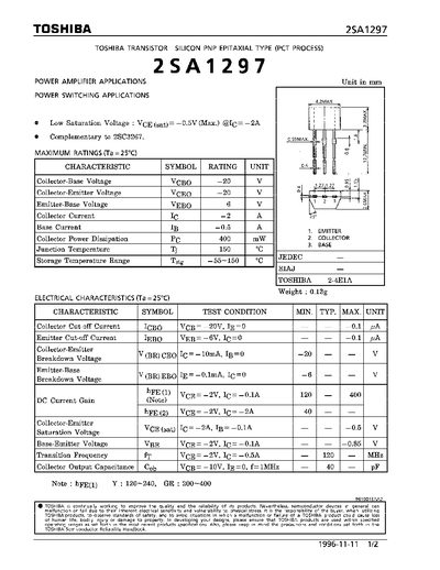 Toshiba 2SA1297 Transistor Datasheet - cover page
