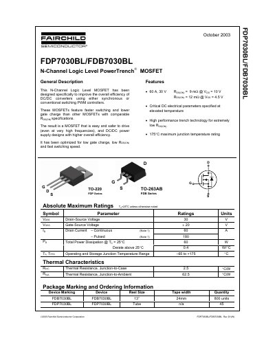 Fairchild FDP7030BL/FDB7030BL N-Channel Logic Level PowerTrench MOSFET Datasheet - cover page
