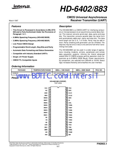 Intersil HD-6402/883 CMOS UART Datasheet - cover page