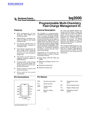 Texas Instruments bq2000 Programmable Multi-Chemistry Fast-Charge Management IC Datasheet - cover page