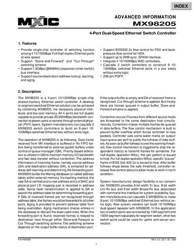 Macronix MX98205 4-Port Dual-Speed Ethernet Switch Controller Datasheet - cover page