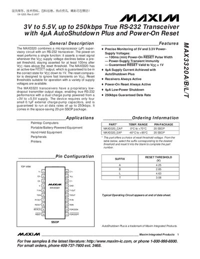 Maxim MAX3320 A/B/L/T RS-232 Transceiver Datasheet - cover page