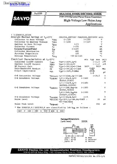SANYO 2SA1016/2SC2362 Handbook - cover page