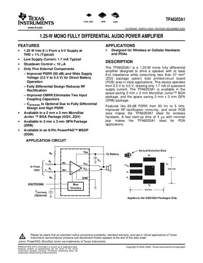 Texas Instruments TPA6203A1 Audio Power Amplifier Datasheet - cover page