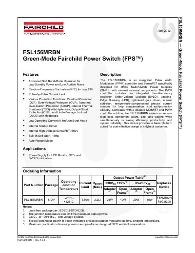 Fairchild FSL156MRBN PWM Controller and SenseFET Datasheet - cover page