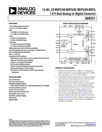 Analog Devices AD9251 14‑Bit ADC Datasheet - cover page