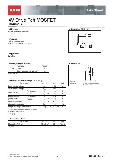 ROHM RSJ250P10 P-Channel MOSFET Datasheet - cover page