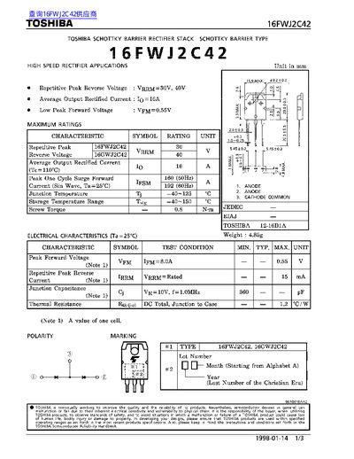 Toshiba 16FWJ2C42 Schottky Barrier Rectifier Datasheet - cover page