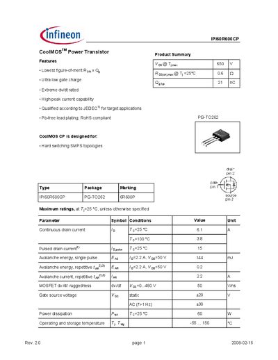 INFINEON IPI60R600CP CoolMOS Power Transistor Manual - cover page