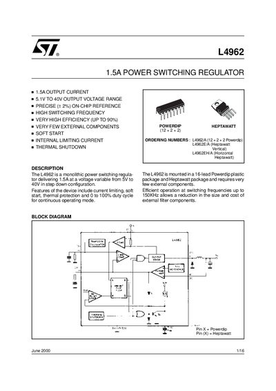 STMicroelectronics L4962 1.5A Power Switching Regulator Datasheet - cover page
