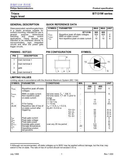 Philips BT131W Series Logic Level Triac Datasheet - cover page