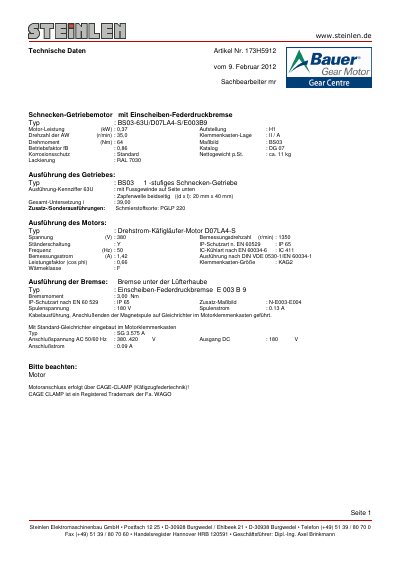 Danfoss Bauer BS03-63U/D07LA4-S/E003B9 Gear Motor Technical Data Sheet - cover page