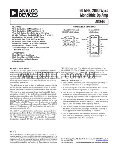 Analog Devices AD844 Operational Amplifier Datasheet - cover page