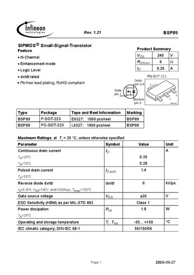 Infineon BSP89 Small‑Signal Transistor Datasheet - cover page