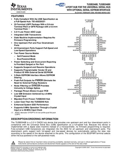 Texas Instruments TUSB2046B, TUSB2046BI 4-Port USB Hub Datasheet - cover page