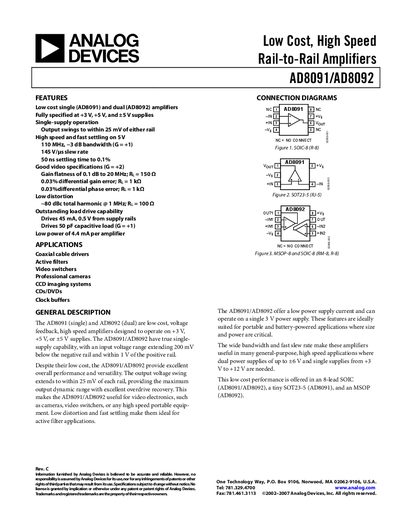Analog Devices AD8091/AD8092 Datasheet - cover page