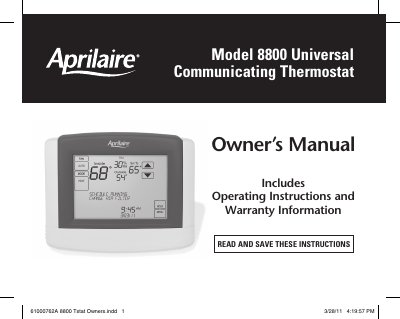 Aprilaire Model 8800 Communicating Thermostat Owner's Manual - cover page