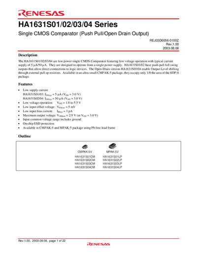 Renesas HA1631S01/02/03/04 Series Single CMOS Comparator Datasheet - cover page