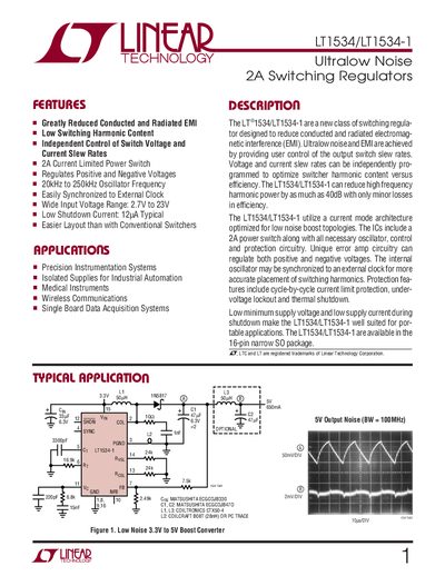 Linear Technology LT1534/LT1534-1 Ultralow Noise 2A Switching Regulators Datasheet - cover page