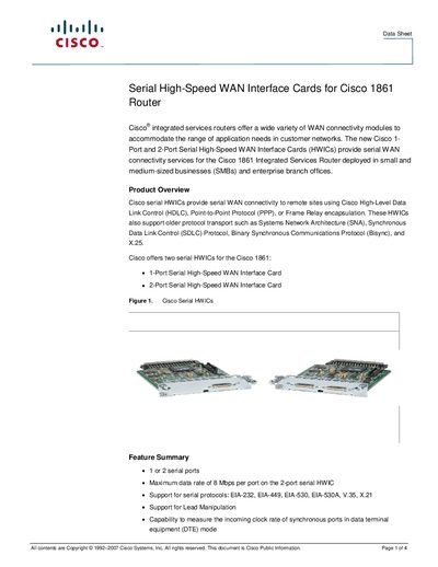 cisco Serial High-Speed WAN Interface Cards for Cisco 1861 Route Manual - cover page