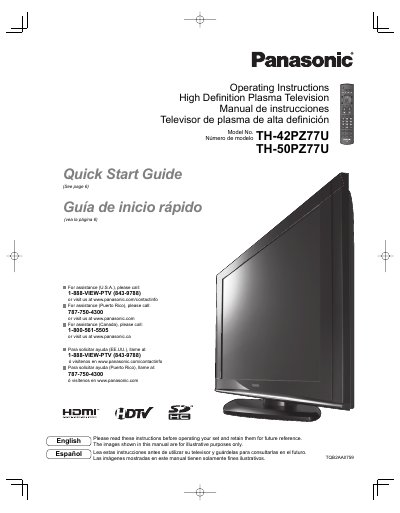 Panasonic TH-42PZ77U/TH-50PZ77U Plasma Television Operating Instructions - cover page