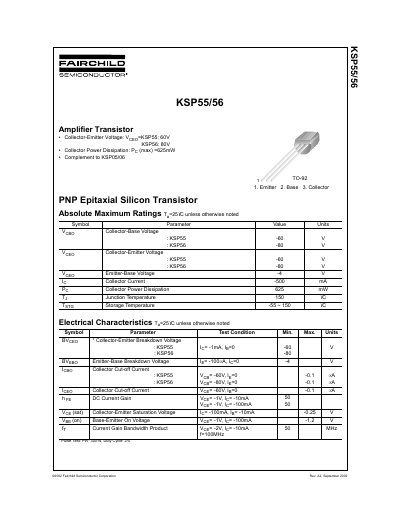 Fairchild KSP55/56 PNP Epitaxial Silicon Transistor Datasheet - cover page
